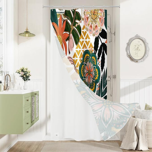 3 in 1 Pink Floral Shower Curtain Set with PEVA Liner & 12 Hooks, 36 x 72 | Boho Tropical Botanical Style, Farmhouse Floral Fabric, Modern Hotel Inspired, Water‑Repellent, Machine Washable