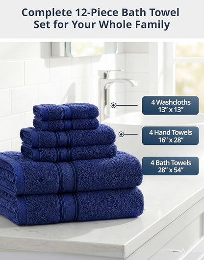 LANE LINEN Towel Set 12 Piece Soft Absorbent Quick Dry 100% Cotton - Navy | Towel Pack - Terry Weave Comfort, Long-Lasting Comfort, Hotel-Style Look, Gets Softer With Every Wash, Machine Washable
