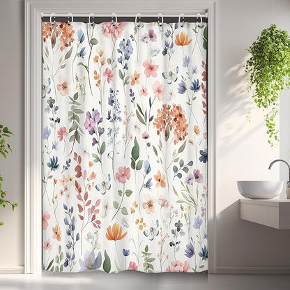 Boho Flower Narrow Colorful Floral Wildflower Bathroom Shower Curtain Set | 48"W x 72"H Leaves Plants; waterproof HD print, quick-dry fabric and plastic hooks for easy setup.