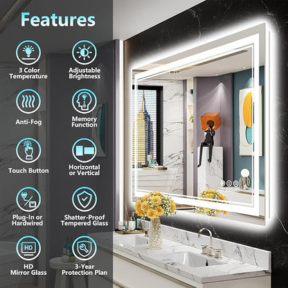 48x32 LED Bathroom Mirror with Lights, Backlit and Front Lit Anti-Fog Lighted Vanity Mirrors for Bathroom Wall, Dimmable, 3-Color Light, Memory, Shatter-Proof, HD Tempered Glass, CRI＞90