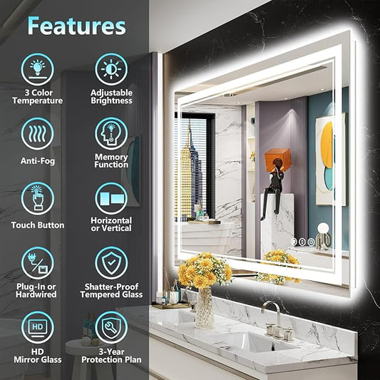 48x32 LED Bathroom Mirror with Lights, Backlit and Front Lit Anti-Fog Lighted Vanity Mirrors for Bathroom Wall, Dimmable, 3-Color Light, Memory, Shatter-Proof, HD Tempered Glass, CRI＞90
