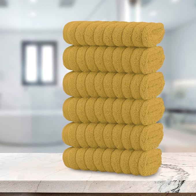 Elegant Comfort 100% Turkish Cotton Corduroy Ribbed Luxury Washcloths 6 Pack Soft 13 x 13 Inch - Higly Absorbent, Durable, Quick Dry, Spa Premium Hotel Quality for Bathroom or Travel, Gold