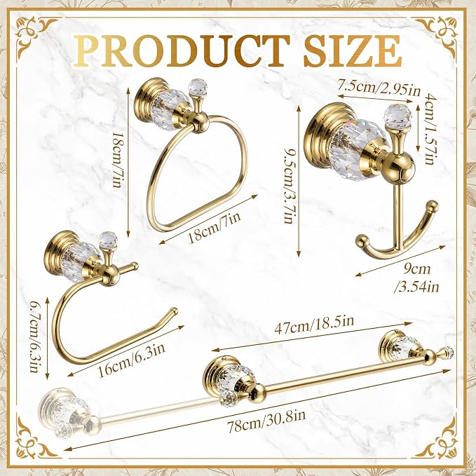 4 Pcs Polished Gold Crystal Bathroom Accessories Set with Adjustable Towel Bar & Semicircular Towel Ring & Toilet Paper Holder & Robe Hook, Luxury Vintage Bath Hardware Fixture Set (style 9)