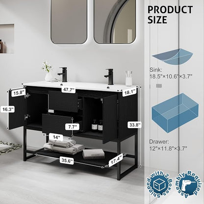 LUCKWIND 48" Modern Bathroom Vanity with Dual White Sink Combo, Freestanding Storage Cabinet with Metal Frame, Matte Black Faucet and Open Shelf and 2 Soft-Closing Door, Black