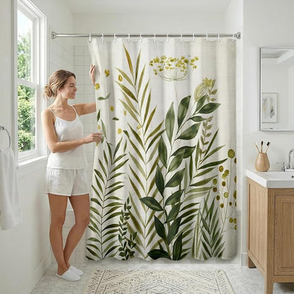 Americanflat 71x74 Botanical Shower Curtain - Water-Resistant Long Shower Curtain with Durable Metal Grommets and 12 Hooks - 100% Polyester - Ivory, Muted Yellow and Green Bathroom Curtains
