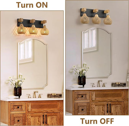 Farmhouse Bathroom Light Fixture, 3-Light Boho Vanity Light, Bamboo Bathroom Light Fixture Over Mirror Rustic Vanity Lighting with Handmade Bamboo Shades, Suit for Restroom, Bedroom, Hallway