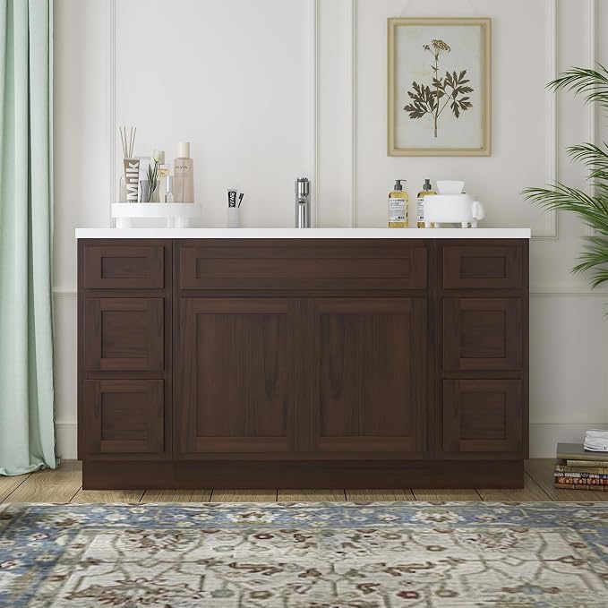 54 Inch Bathroom Vanity Base Only, Single Vanity Cabinet with 5 Dove-Tailed Drawers, Soft-Closing Doors, Brown, Without Top,Small