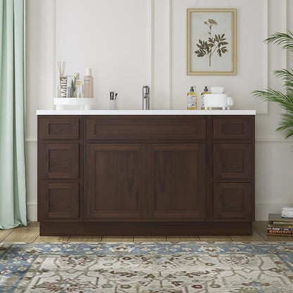 54 Inch Bathroom Vanity Base Only, Single Vanity Cabinet with 5 Dove-Tailed Drawers, Soft-Closing Doors, Brown, Without Top,Small