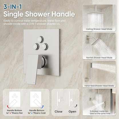 Nickel Shower System, Brushed Nickel Shower Faucet Set, 10'' Ceiling Shower Head, 6'' Wall Mounted Shower Head, 3 In 1 Push Button Shower Valve Kit, Waterfall ShowerHead with Handheld, Brushed Nickel