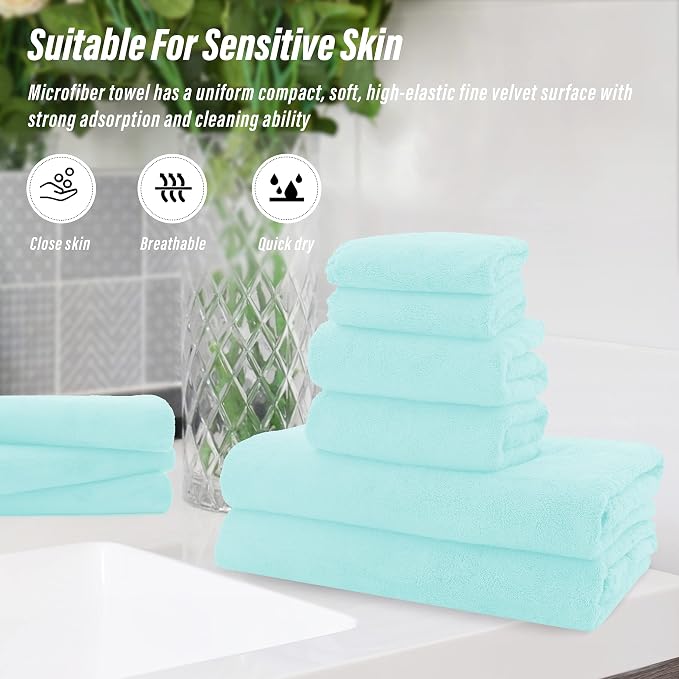 MOONQUEEN Ultra Soft Towel Set-Quick Drying-2 Bath Towels 2 Hand Towels 2 Washcloths - Microfiber Coral Velvet Highly Absorbent Towel for Bath Fitness, Bathroom,Sports,Yoga, Travel(Frozen Blue, 6 Pcs)