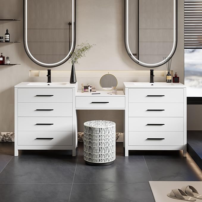 eclife 84" Bathroom Vanity Sink Combo, Modern Painted Vanities Storage Cabinet with 24" Mid Makeup Vanity Desk, 30" Dual White Basins, Faucets & Drains, White