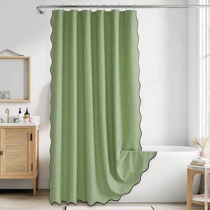 KGORGE Scalloped Green Shower Curtain with 12 Metal Hooks for Bathroom, Boho Privacy Cute Neutral Home Decor Waterproof Shower Curtains for Hotel Bathtub, Grass Green, 72 x 72 inches Long