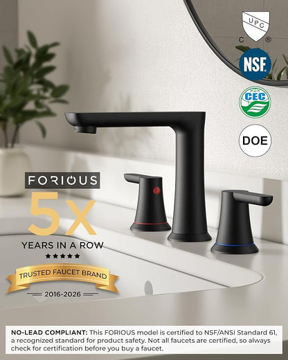 FORIOUS Black Bathroom Faucet 3 Hole, 8" Matte Black Vanity Faucet Bathroom | New Commercial 8 Inch Widespread Bathroom Sink Faucet Matte Black 3 Holes with 1.2 GPM Water Saving Aerator for Wholesale