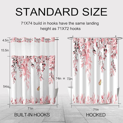 No Hook Shower Curtain and Liner Set, Pink Eucalyptus 71x74 | Floral Design, with Snap in Liner, Waterproof, Machine Washable, Quick-Drying, for Hotel Bathroom