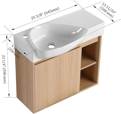 26" Wall Mounted Bathroom Vanity with Sink, Small Vanity, Oak | Integrated Ceramic Sink, Soft-Close Door & 2 Open Storage Shelves, Small Bath Vanity Set, Easy to Clean