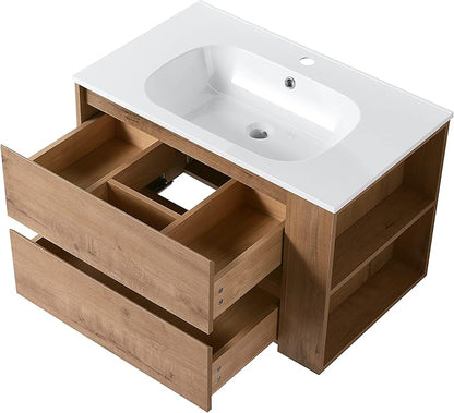 Henf Modern 30" Wall Mounted Bathroom Vanity with White Gel Sink, 2 Soft Close Drawers & Open Storage Shelf, Oak