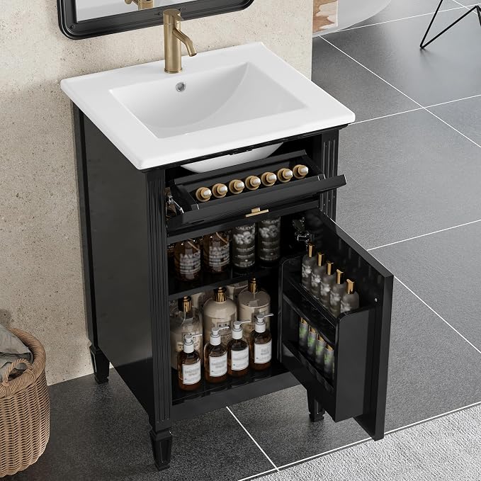 GDFStudio Hawthorne 20" Modern Bathroom Vanity with Sink, Freestanding Bathroom Vanity Organizer with Tilt Out Drawer, Adjustable Shelf and Solid Wood Legs, Single Sink Bathroom Vanity, Black
