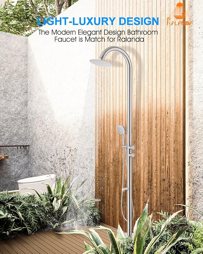 Free Standing Outdoor Shower, 5-Function Shower Kit Nickel with 10''Rain Shower Head, Stainless Steel Outdoor Shower Fixture for Backyard Beach Poolside,Floor Mounted