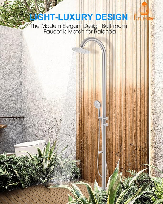 Free Standing Outdoor Shower, 5-Function Shower Kit Nickel with 10''Rain Shower Head, Stainless Steel Outdoor Shower Fixture for Backyard Beach Poolside,Floor Mounted