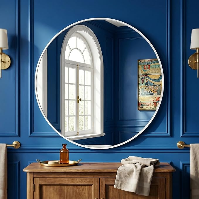 HARRITPURE 24 Inch Round Mirror White Circle Bathroom Mirror | Modern Aluminum Alloy Frame Wall Mounted Vanity Mirror for Living Room, Bedroom, Entryway