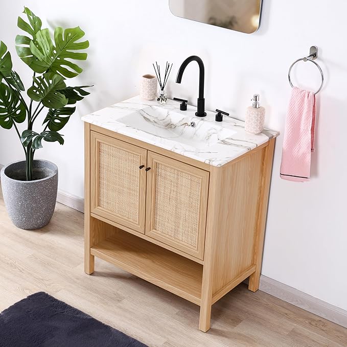 JONATHAN Y VAN1024A Jasper 30 in. W x 18 in. D x 33 in. H Rattan Modern Coastal 2-Shelf Bathroom Vanity Cabinet Only with Soft Closing Doors (Sink Basin Not Included), Oak