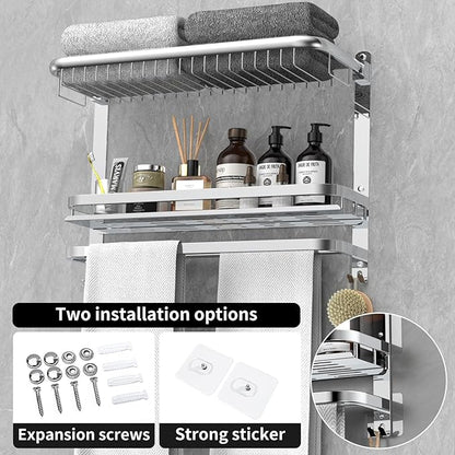 Foldable 23.22 Inch Rowel Rack Wall Mounted with Bathroom Shower Shelves Stainless Steel Towel Bar Without Drilling and Screw Installation (Silvery)