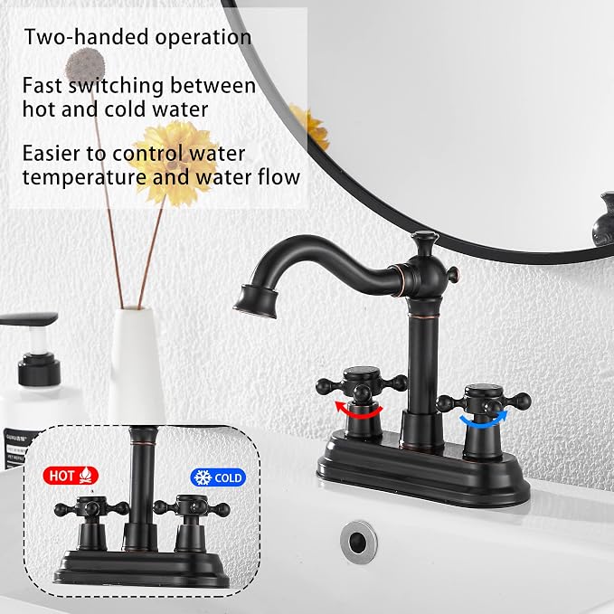 Bathroom Faucet Oil Rubbed Bronze GGStudy 2 Handles 4 Inches Centerset Bathroom Vanity with Drain Assembly and Supply Hose Lavatory Mixer Double Handle Tap