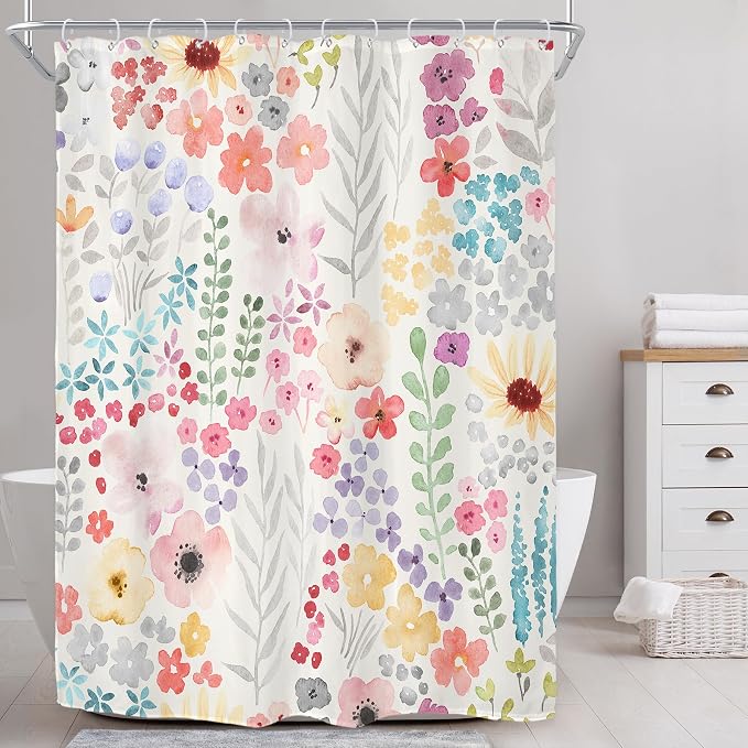 Extra Long Colorful Cute Floral Flowers Plants Bathroom Shower Curtain Set | 72"W x 96"H Botanical Girls; waterproof HD print, quick-dry fabric with 12 hooks for easy hanging.