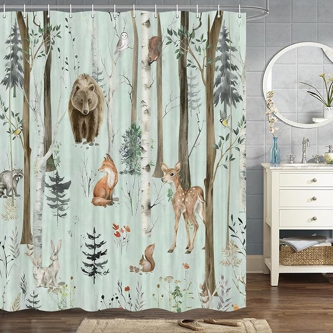 JAWO Rustic Forest Shower Curtain for Bathroom, Country Hunting Bear Deer Wild Animals Farmhouse Lodge Curtain, Cabin Nature Bathroom Set with Hooks, 70X70 Inch, Teal