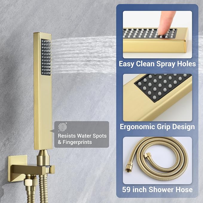 Thermostatic Dual Shower Head System, Brushed Gold Shower Faucet | 12 Inch Ceiling Rainfall Shower, 6 Inch Wall Mount Head, High Pressure Handheld Sprayer, Push Button Valve