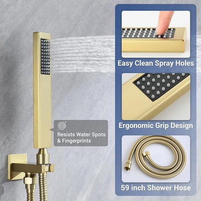 Thermostatic Dual Shower Head System, Brushed Gold Shower Faucet | 12 Inch Ceiling Rainfall Shower, 6 Inch Wall Mount Head, High Pressure Handheld Sprayer, Push Button Valve