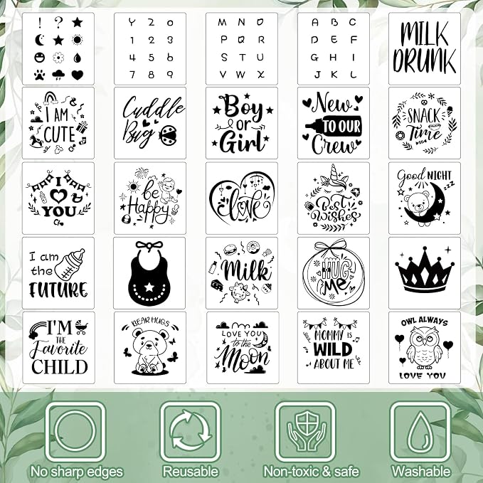 Panitay 126 Pcs Baby Shower DIY Bodysuit Set Bib 25 Blank White Newborn Bodysuit 25 Stencils 24 Marker 1 Sign 50 Pins(Greenery)