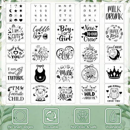 Panitay 126 Pcs Baby Shower DIY Bodysuit Set Bib 25 Blank White Newborn Bodysuit 25 Stencils 24 Marker 1 Sign 50 Pins(Greenery)