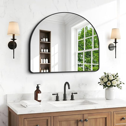 BONEWEI Arched Wall Mirror,36"x30" inch Black Arched Mirror Bathroom,Vanity Mirror for Over Sink Metal Frame,Tempered Glass Arch Mirrors for Bedroom,Entryway,Living Room,Home Decor Shatter-Proof