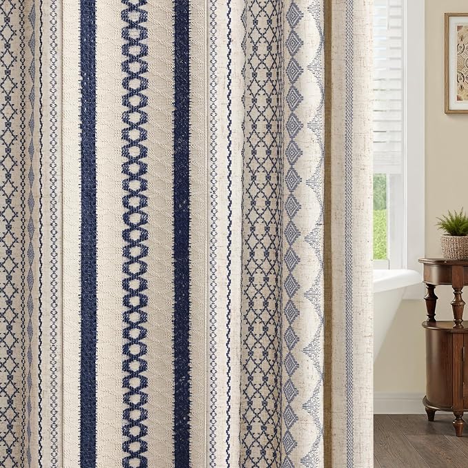 Navy Blue Boho Linen Shower Curtain,72" W x 84" L | Linen Striped Print and Twine-Inspired Woven Center for Bathroom