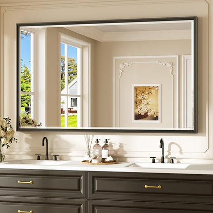 Keonjinn 60" x 36" Oversized Black Bathroom Mirrors for Over Sink, Aluminum | Safe Tempered Glass with Beveled Edge, Secure French Cleat, Rectangle Vanity Mirror for Wall, Hallway, Living Room Decor