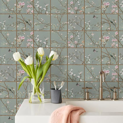 Alwayspon Vinyl Sticker Peel and Stick, Self-Adhesive Wall Tile Transfers Backsplash Sticker Decal for Kitchen Bathroom, 6x6inch/15x15cm 30Pcs, Green Floral T042