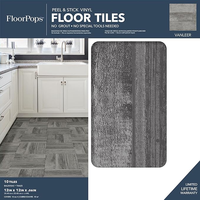 FloorPops FP3292 Vanleer Peel & Stick Floor Tiles, Grey