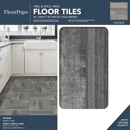 FloorPops FP3292 Vanleer Peel & Stick Floor Tiles, Grey