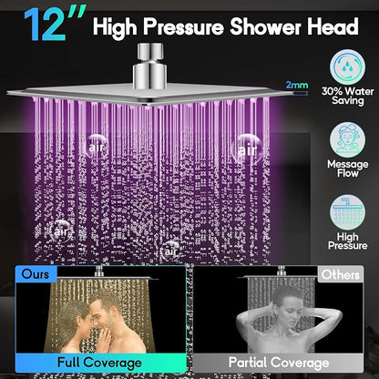 LED Shower Head, 12" LED Shower Head with Color Changing Lights Handheld | High Pressure Rainfall Shower Head Combo, Chrome Stainless Steel & 11" Flexible Curved Arm, 60" Hose