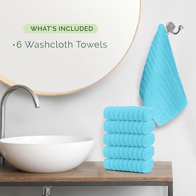 Elegant Comfort 100% Turkish Cotton Corduroy Ribbed Luxury Washcloths 6 Pack Soft 13 x 13 Inch - Higly Absorbent, Durable, Quick Dry, Spa Premium Hotel Quality for Bathroom or Travel, Aqua