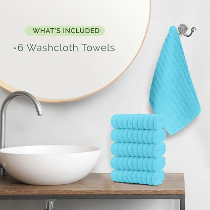 Elegant Comfort 100% Turkish Cotton Corduroy Ribbed Luxury Washcloths 6 Pack Soft 13 x 13 Inch - Higly Absorbent, Durable, Quick Dry, Spa Premium Hotel Quality for Bathroom or Travel, Aqua