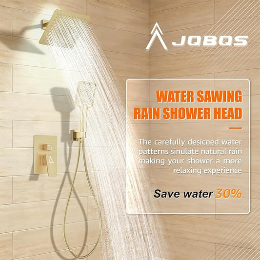 Shower System Modern Rain 8 inches Brass Faucet Set With Valve and Diverter Shower Mixer With Handheld High Pressure Square Rainfall Shower Valve (8'' Wall Mount, Brushed Gold)