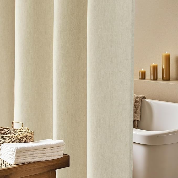 72 x 84 Inch Extra Long Beige Fabric Shower Curtain Heavyweight, Faux Linen Polyester Shower Curtain Long Water-Resistant, Cream Shower Curtains Washable for Tall Bathroom