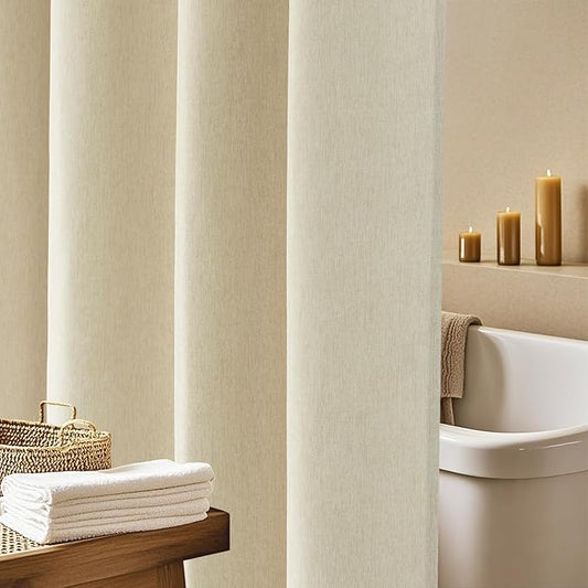 Linen Look Beige Fabric Shower Curtain Extra Long 72 x 78 Inch, Heavy Duty Faux Linen Textured Shower Curtain Long Water-Resistant, Rustic Cream Bathroom Shower Curtains Wrinkle-Free