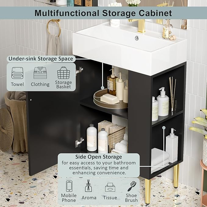 Merax 21.6 Inch Small Bathroom Vanity Sink Combo, Freestanding Bathroom Cabinet with Undermount Ceramic Sink, Modern Bathroom Storage Vanity Soft-Close Doors, Black