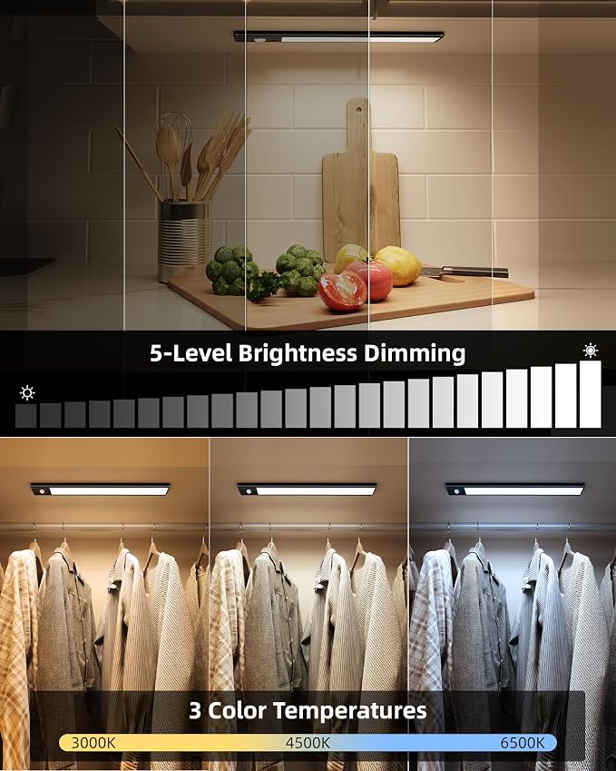 EZVALO Under Cabinet Lighting, 3500mAh Rechargeable Motion Sensor Light Indoor, 3 Color Temps, 5-Level Dimmable Magnetic Wireless Closet Lights for Kitchen, Stairs (Black, 2 Pack)