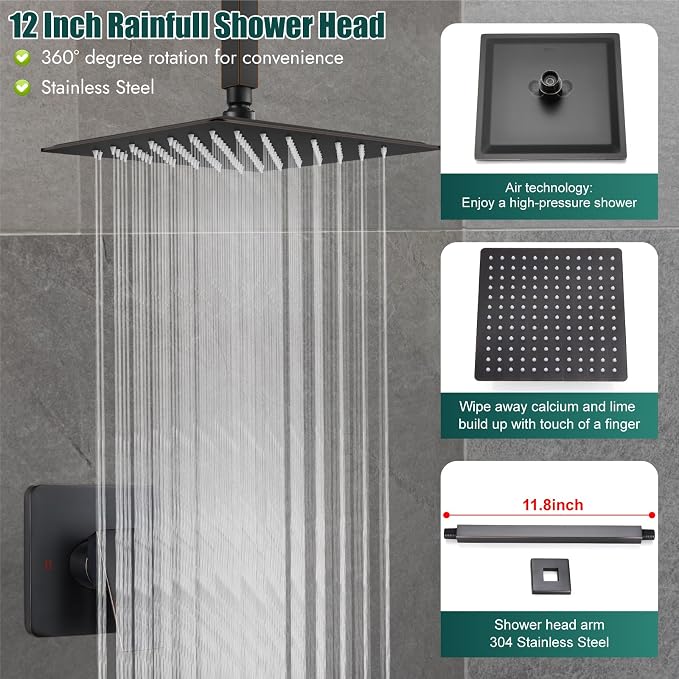 Heyalan12-Inch Ceiling Mount Shower Faucet Set with Valve,Oil Rubbed Bronze | Rainfall shower head, ceiling-mount design, SUS304 steel, adjustable angle, single-handle control
