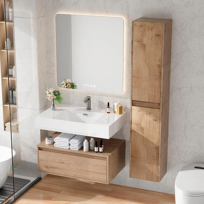 30 Inch Floating Bathroom Vanity with Sink, Modern Wall-Mounted Bathroom Cabinet with Resin Sink & Soft Close Drawer & Side Cabinet, Split-Level Layout (Nature Oak, 30"+2 Side cabinets)