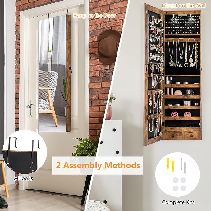 COSTWAY Wall Mounted Jewelry Armoire with Full Length Mirror & 2 LED Lights, Large Capacity, Lockable Mirror Jewelry Cabinet for Women Girls (Rustic Brown)
